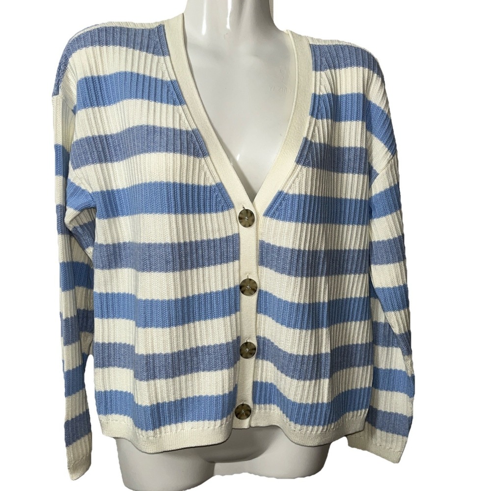 Talbots Women's Sweater MP baby‎ blue stripe coastal nautical cardigan fisherman